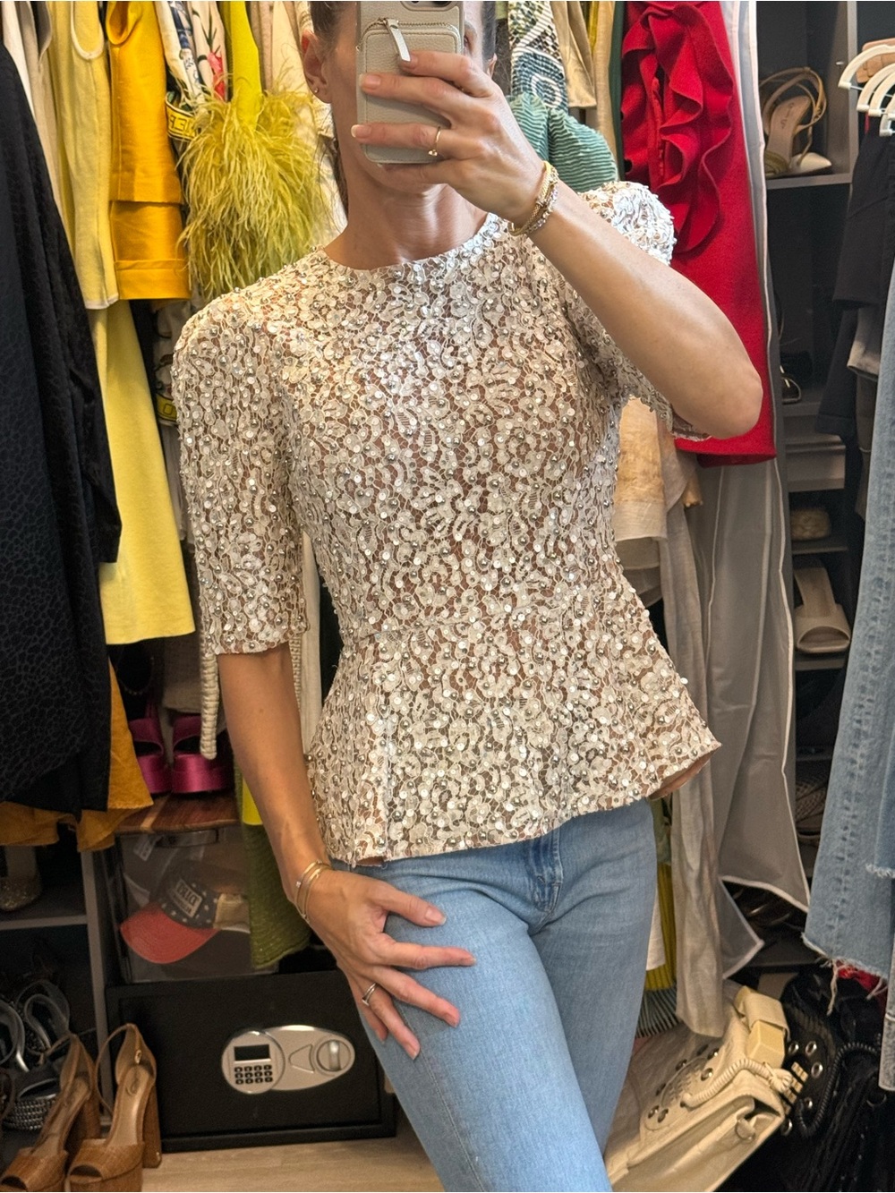 Sequin Beaded Peplum Top in Champagne - Women's Sparkle Blouse